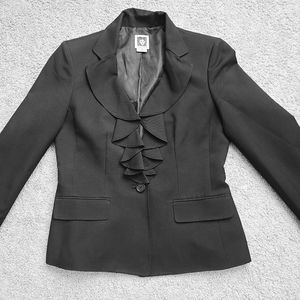 Anne Klein black blazer career Suit Jacket size 8 crepe ruffle lapel